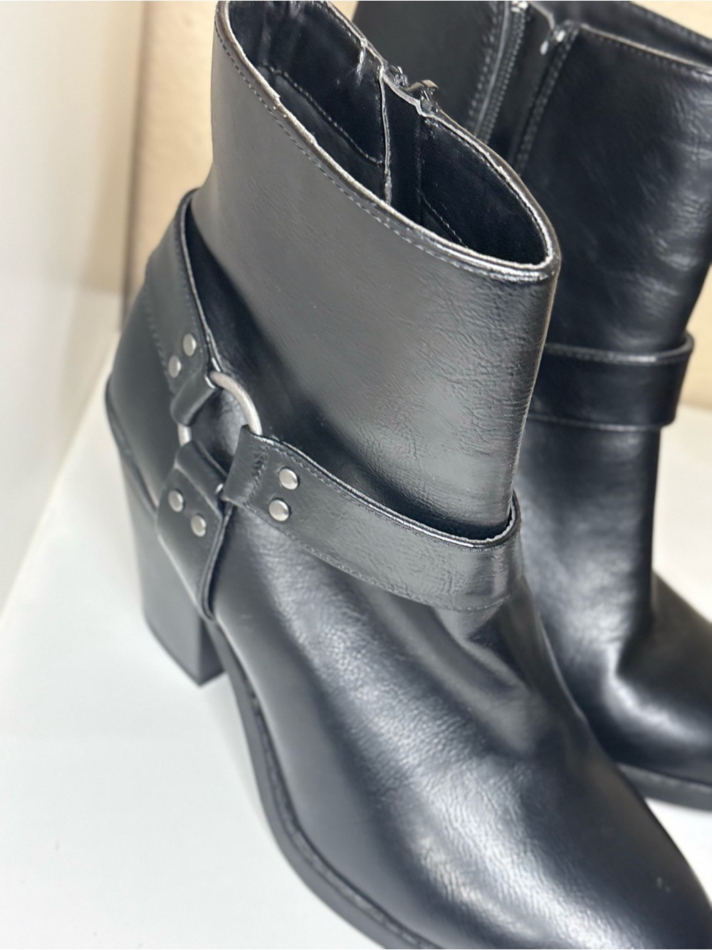 Esprit Black Harness Ankle Booties Moto Block Heel Side Zip Women’s Size 9